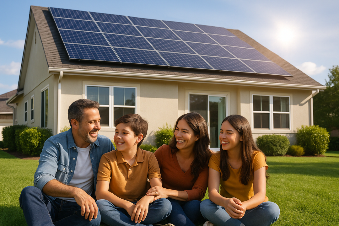 Familia feliz frente a su casa