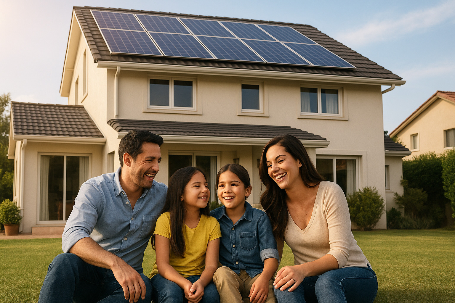 Familia frente a sus casa disfrutando beneficios de los paneles solares TerraEnergy