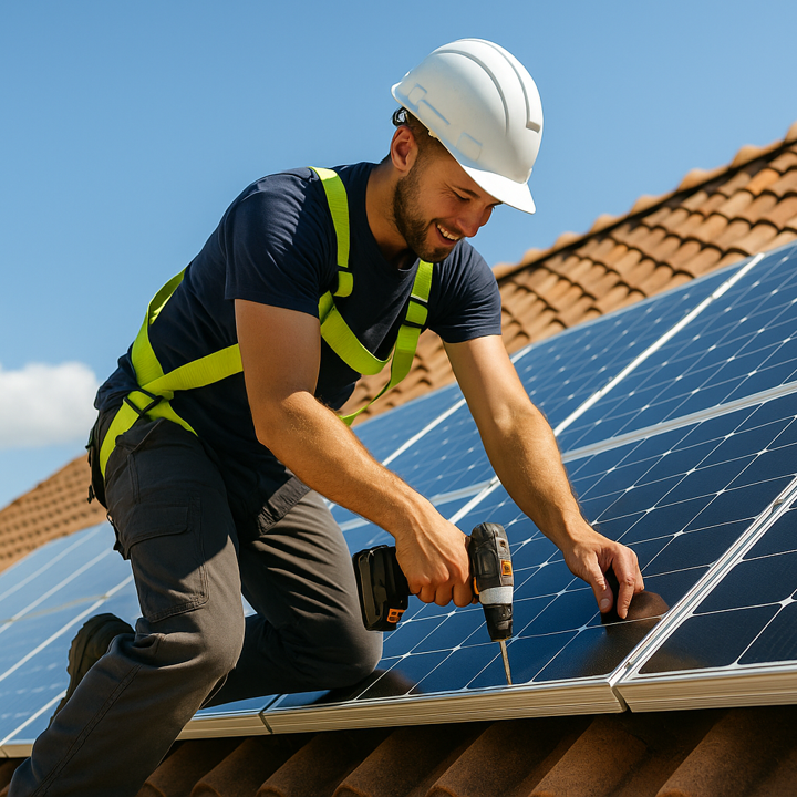 Personal instalando paneles solares en una casa