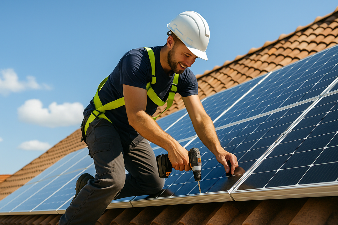 Personal Instalando paneles solares en techo de una casa.