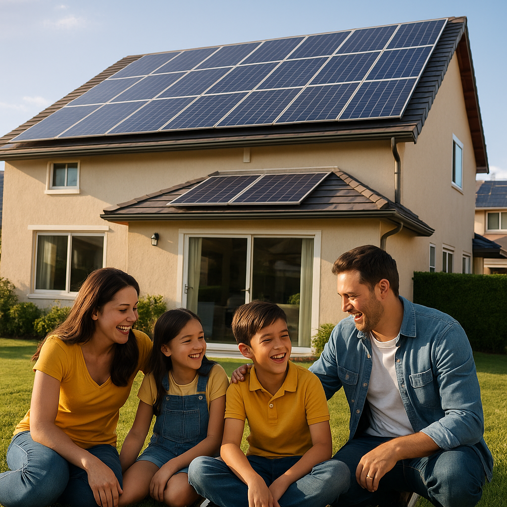 Una familia feliz en el jardín de su casa disfrutando el beneficio de tener paneles solares instalados en su casa.