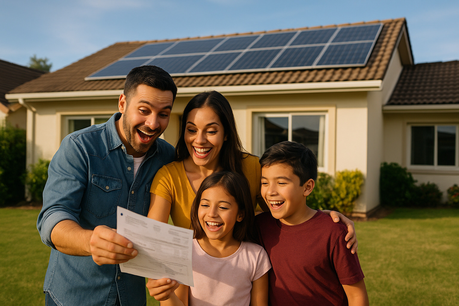 Familia frente a su casa mirando su recibo de luz