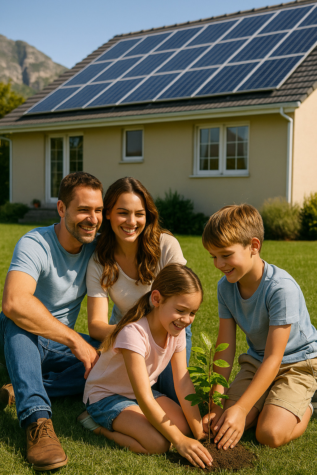Familia Feliz disfrutando el beneficio de paneles solares Terra Energy